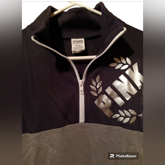 PINK VS Black & Grey Fleece Quarter Zip Up w/ Silver Metallic PINK Logo - Picture 4 of 4